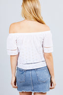 Elbow Sleeve Off The Shoulder Lace Trim Eyelet Detail Woven Top