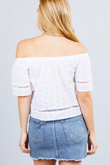 Elbow Sleeve Off The Shoulder Lace Trim Eyelet Detail Woven Top