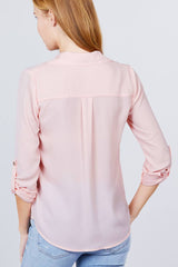 3/4 Roll Up Sleeve Pocket W/zipper Detail Woven Blouse