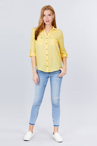 3/4 Roll Up Sleeve Pocket W/zipper Detail Woven Blouse