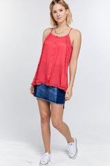 Boho Scallop Lace Trim Detailed Button Down Solid Subtle Textured Slit Side Overlay Layered Cami Top