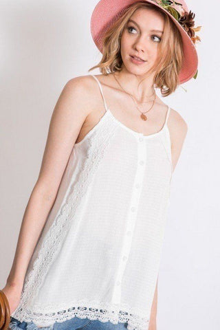 Boho Scallop Lace Trim Detailed Button Down Solid Subtle Textured Slit Side Overlay Layered Cami Top