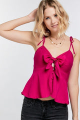 Cutout Detail Ruched Twist Bow Sweetheart Neckline Smocked Back Ribbon Tie Spaghetti Strap Cami Top