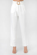 A Solid Pant Featuring Paperbag Waist With Rattan Buckle Belt