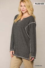 Two-tone Ribbed Tunic Top With Side Slits