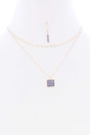 2 Layered Chain Metal Square Marbling Stone Pendant Necklace