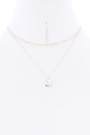 2 Layered Chain Metal Square Marbling Stone Pendant Necklace