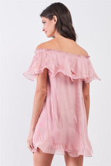 Pink Pleated Off-the-shoulder Double Layered Frill Trim Mini Dress