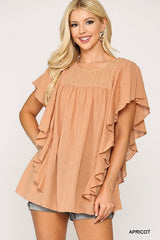 Textured Ruffle Sleeve Tunic Top With Back Keyhole