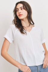 Waffle Raw Edge V-neck Rolled Up Short Sleeves Top