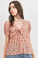 Front Tie Floral Waffle Top