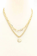 2 Layered Metal Chain Round Pendant Necklace