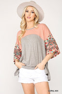 Colorblock Knit And Floral Print Mixed Top With Dolman Sleeve