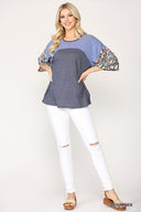 Colorblock Knit And Floral Print Mixed Top With Dolman Sleeve