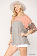 Colorblock Knit And Floral Print Mixed Top With Dolman Sleeve