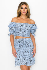 Smocking Ruffled Printed Top & Skirts Set