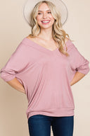 Solid Rib Modal Casual 3/4 Sleeves Dolman Sleeves Top