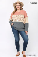 Color Block And Leopard Pattern Mixed Pullover Sweater