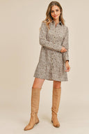 Corduroy Printed Button Down Front Collar Long Sleeve Dress