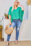 V Neck Dolman Sleeves Front Waist Elastic Solid Top