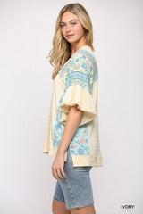 Texture Knit And Print Mixed Hi Low Hem Top