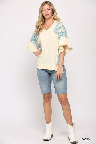 Texture Knit And Print Mixed Hi Low Hem Top