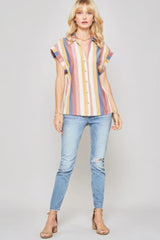 A Woven Shirt In Multicolor Striped With Collared Neckline