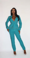 2 Piece Powersuit Blazer & Pants Set With Rhinestone Letterings On Blazer