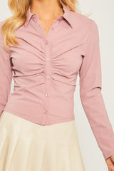 Woven Solid Ruched Front Long Sleeve