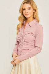 Woven Solid Ruched Front Long Sleeve