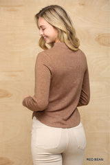 Solid And Cozy Soft Knit Mock Neck Top With Side Ruched Detail