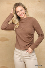 Solid And Cozy Soft Knit Mock Neck Top With Side Ruched Detail