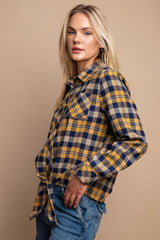 Tie Front Button Down Plaid Shirt With Front Pocket