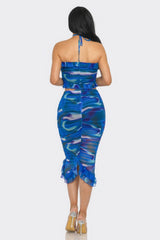 Tropical Waters Print Mesh Ruffle Halter Skirt Set