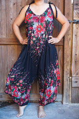 Black Floral Boho Hippie Jumpsuit Rompers